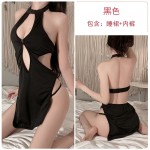 Guiruo Fun Underwear Passionate No Take Off Solid Vintage Qipao Hollow out Temptation Sling Neck Hanging Uniform Set 1749