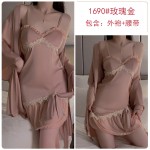 Guiruo Summer Ice Silk Pajamas Comfortable Perspective Sweet Mesh and Chest Cushion Suspender Sleeping Dress Outer Robe Women's Set 2419