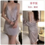 Guiruo Autumn French Sexy Lace Deep V Pajamas Ice Silk Sling Sleeping Dress Outrobe Women's Home Fur Set 1906