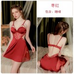 Guiruo Brand Sexy Open Back Ice Silk Pure Desire Lace and Chest Cushion Suspended Sleeping Dress Outer Robe Home Suit Set 2978