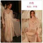 Guiruo Chest Cushion Gathered Sling Pajama Dress Bowknot Sweet Sleepwear Mesh Outer Robe Women's Home Furnishing Set W2785