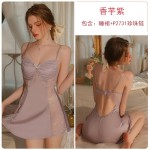 Guiruo Pure Desire Sexy Backless Lace Perspective with Chest Pads Gathered Strap Skirt Outer Robe Home Suit Set C3461