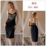 Guiruo French Mesh Lace Deep V with Chest Cushion Drawn Waist for Slim and Sexy Backless Women's Strap Home Sleeping Dress J3396