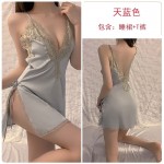 Guiruo Solid Color Pajamas Lace up Pajamas Sexy Deep V Lace Satin Suspended Pajama Dress Home Furnished Set 272