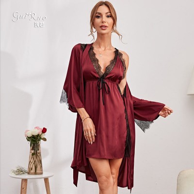 Guiruo European and American Foreign Trade Sexy Deep V Satin Side Split Sleeping Dress Lace up Outer Robe Home Furnishing Set Cross border 9151