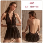 Guiruo Fun Underwear Sexy Open Back Sexy Hanging Neck Pajamas Mesh Perspective Nightwear Women's Home Furnishing Set 630