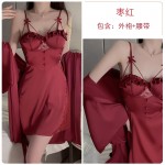 Rose like satin surface with chest pad and ear edge, sweet and seductive lace patchwork nightgown, outer robe, home suit set P3143