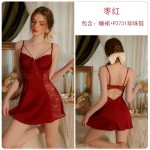 Guiruo Sexy Backless Temptation with Chest Pads Gathered Satin Suspender Sleeping Dress Outer Robe Women's Home Furnishing Set C3461