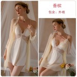 Guiruo Summer Sexy Backless Temptation with Chest Pads Gathered Strap Sleeping Skirt Simple Outer Robe Home Suit Set 3660