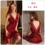 Guiruo Sexy Suspended Sleepwear for Women in Europe and America Summer Perspective Lace V-neck Low cut Hollow Home Suit Set 2535