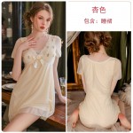 Guiruo Brand French Mesh Embroidery Lace Breast Pad Sweet Girl Deep V Temptation Home Nightwear Set 2717