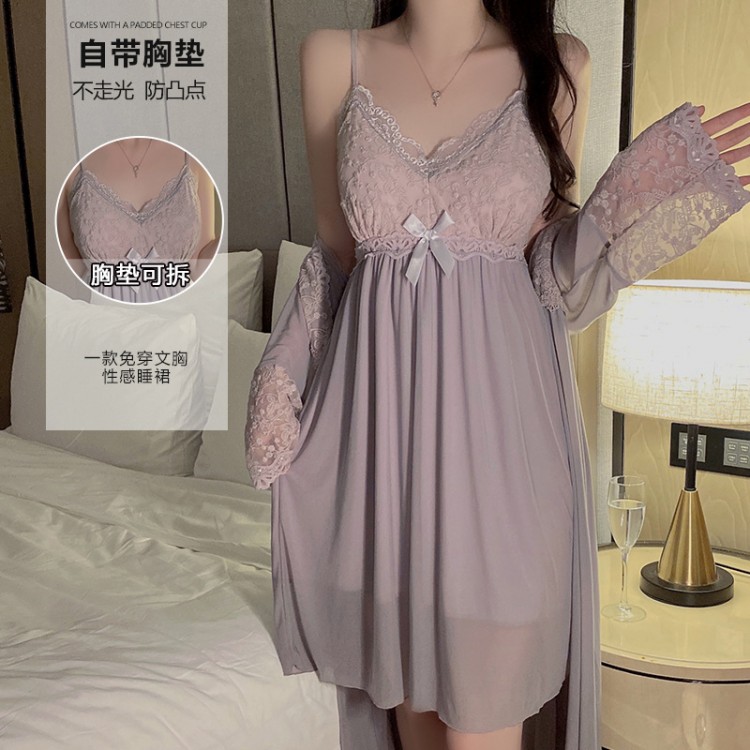 Guiruo Pure Desire Mesh Lace Deep V Chest Cushion Sexy Open Back Suspended Sleeping Dress Open Front Outer Robe Home Set 2241