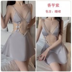 Guiruo Sexy Backless Temptation Ice Silk Pajamas with Chest Pads Gathered Strap Sleeping Skirt Outer Robe Home Suit Set 1667