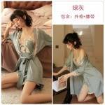 Guiruo Embroidery Sexy Skirt Temptation Charming Deep V-slit Sling Sleeping Dress Lace up Outer Robe Home Suit Set 766