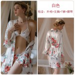 Guiruo Summer New Sexy and Comfortable Print Ice Silk Three Point Lace Up Outer Robe Women's Home Suit Set 19159