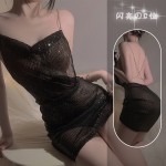 Guiruo Sexy Hot Nightclub Style Sequin Mesh Perspective Metal Chain Sexy Backless Women's Sleeping Dress Set 3667