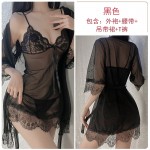 Guiruo Fun Underwear Sexy Perspective Attractive Lace Hanging Sleeping Dress Lace up Outer Robe Women's Home Fur Set 525