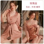 Guiruo Sexy Stacked Collar Lace Perspective Pure Desire Split Sling Sleeping Dress Satin Outer Robe Home Suit Set 2063