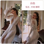 Guiruo brand's simulated silk stitching mesh feather cuffs with three-dimensional embroidery lace up long nightgown and home clothing 1000