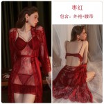 Guiruo Sexy Backless Temptation Mesh Pajamas Women's Deep V Leakage Breast Sling Sleeping Dress Lace Up Outer Robe Home Fur Set