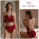 Guiruo Brand Sexy Deep V Lace Split Backless Temptation Women's Nightwear Sling Shorts Home Suit Set 705