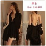 Guiruo Sexy Deep V Bow Sweetheart Pajamas Open Back Temptation Sling Sleeping Dress Outer Robe Home Furnishing Set 2065