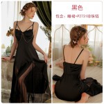 Guiruo Spring/Summer Sexy Ice Silk Long Pajamas with Chest Pads Gathered Strap Sleepwear Women's Home Furnishing Set J2792