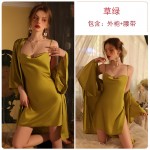 Guiruo Brand Sexy Deep V Suspended Sleeping Dress Minimalist Style Lace up Outer Robe Women's Ice Silk Home Fur Set 1910