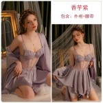 Guiruo Sexy Open Back Transparent Lace and Chest Cushion Satin Suspended Sleeping Dress Outer Robe Women's Home Suit Set 3299