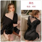 Guiruo Brand Comfortable Ice Silk Pajamas Loose Boyfriend Style Shirt Bowtie Embroidered Pajama Dress Home Set 3447