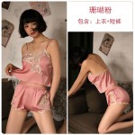 Guiruo Spring/Summer New Women's Imitation Silk Ice Silk Suspender Top and Shorts Two Piece Lace Sexy Home Fur 951