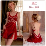 Guiruo Sexy Temptation Open Back Velvet Deep V Lace Ribbon Chest Cushion Suspender Sleeping Dress Outer Robe Home Suit Set 2833