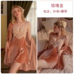 Guiruo brand sexy low cut pajamas, velvet open back suspender pajama dresses, tie up outerwear, women's home clothing set 2826