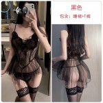 Guiruo Fun Lingerie Sexy Straps Gather Mesh Perspective Pajamas Detachable Suspended Dress Home Suit Set 1721