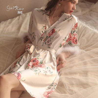 Guiruo Brand Sexy Temptation Pajamas Printed Sweet Beauty Comfortable and Breathable Lace up Outer Robe Home Set 19279