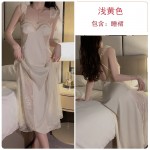 Guiruo Long Satin Face with Chest Cushion Low Chest Gathered Perspective Lace Sexy Open Back Strap Home Dresses Sleepwear 3388