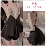 Guiruo Sexy Backless Temptation Pajamas Women's Deep V Lace Embroidery Shorts Sling Pajamas Home Suit Set 2196