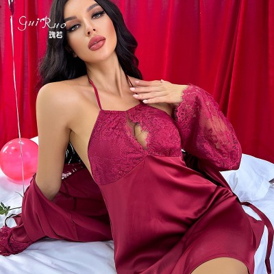 Guiruo Sexy Deep V Hollow Hanging Neck Satin Sleeping Dress Lace up Outer Robe Women's Home Suit Set Amazon 9651