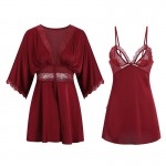 Guiruo Brand Sexy Hollow out Temptation Split Sling Sleeping Dress Outer Robe Solid Color Private Women's Home Furnishing Set 1388