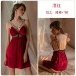 Guiruo Sexy Deep V Velvet Spliced Lace Backless Nightwear Private Room Suspended Nightwear Home Suit Set Sent on behalf of 566