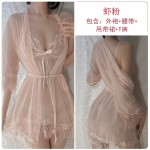 Guiruo Fun Lingerie Sexy Solid Lace Strap Dress Mesh Perspective Lace Up Outer Robe Home Suit Set 525