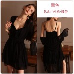 Guiruo Spring/Summer New Deep V Suspended Dress Sweet Chest Pad Pajama Lace up Pajama Bathrobe Home Suit Set 1256