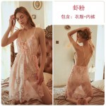 Guiruo Sexy Deep V Lace Perspective Temptation Open Back Split Embroidery Hanging Strap Nightgown Homewear Set 311