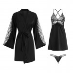 Guiruo Brand Pajamas New Sexy Deep V Spliced Lace Hanging Pajama Dress Lace up Outer Robe Home Suit Set 780