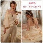 Guiruo Solid Satin Neck Hanging Hollow Hanging Strap Long Sexy Three Piece Pajamas Women's Home Furnishing Set Q3252