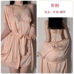 Guiruo Pajamas Sexy Deep V Lace Satin Solid Tone Suspended Nightwear, Nightgown, Bathrobe, Home Furnishing Set Sent on behalf of 245