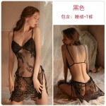 Guiruo Fun Underwear Sexy Deep V Lace Pajamas Women's Backless Temptation Sling Sleeping Dress Home Suit Set 1581