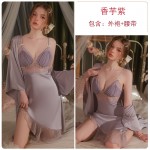 Guiruo Brand Solid Color Embroidery Lace Open Back Chest Cushion Gathered Sleepwear Loose and Comfortable Outer Robe Home Set 3372