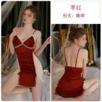 Guiruo Satin 3D Bow Chest Cup with Chest Pads Perspective Mesh Suspender Sleeping Dress Outer Robe Home Set 3425