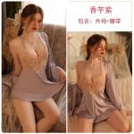 Guiruo Sexy Deep V Satin Lace Sweet Temptation Sling Top Shorts Lace Up Outer Robe Home Set 2196